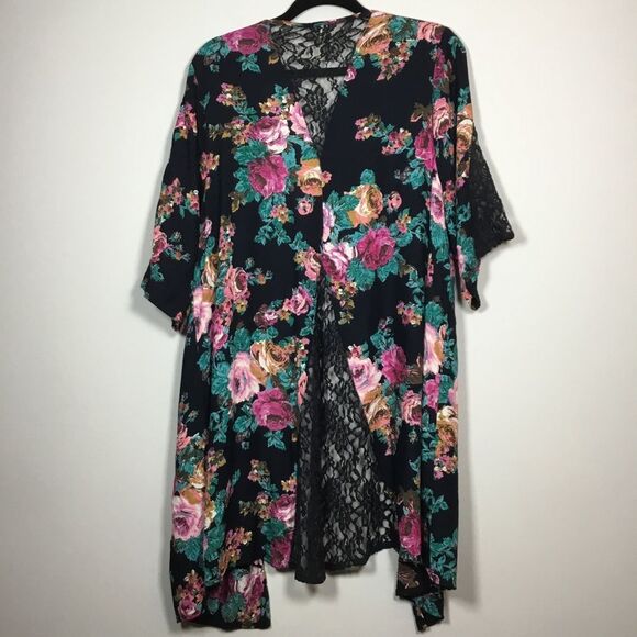 Black with flowers cover up lace floaty duster asymmetrical hem short sleeve XL - Picture 4 of 9